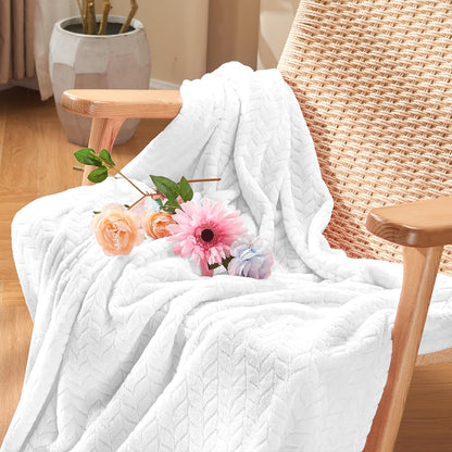 inhand White Fleece Throw Blanket for Couch, Super Soft Lightweight Fuzzy Leaves Pattern Blanket for Women, 50 x 60 Inches