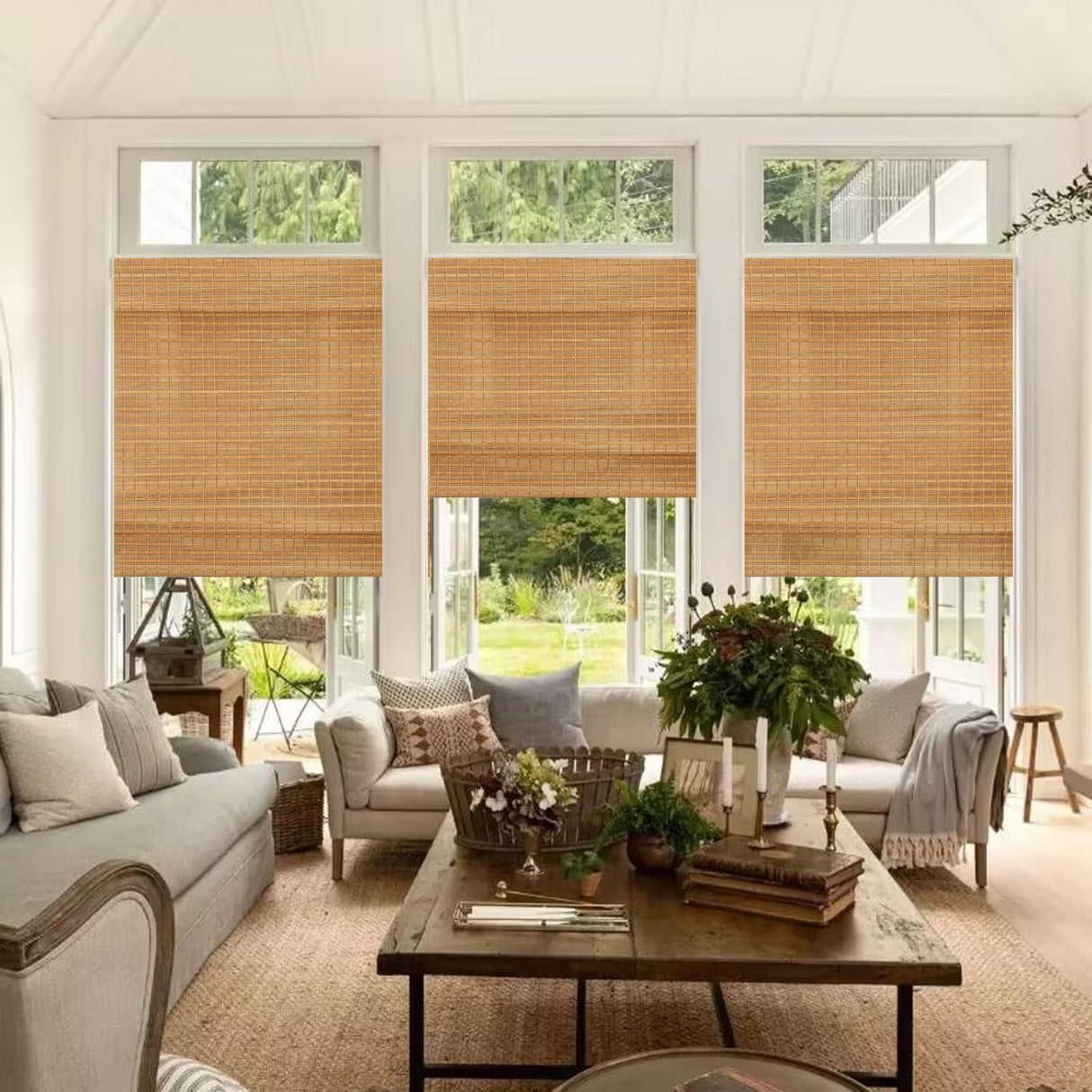 Comzone Blinds Cordless Blackout Bamboo Roman Shades, Easy Installation Natural Woven Wood Shades, Great Privacy Lined Bamboo Blinds for Windows, Camel Comzone Blinds
