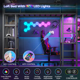 Hasuit Loft Bed Twin Size with Desk and Charging Station Metal Twin Loft Bed with LED Lights, 4 Storage Shelves & 2 Fabric Drawers, Twin Size Loft Bed with Safety Guard, Clothes Rail & Ladder, Black Hasuit