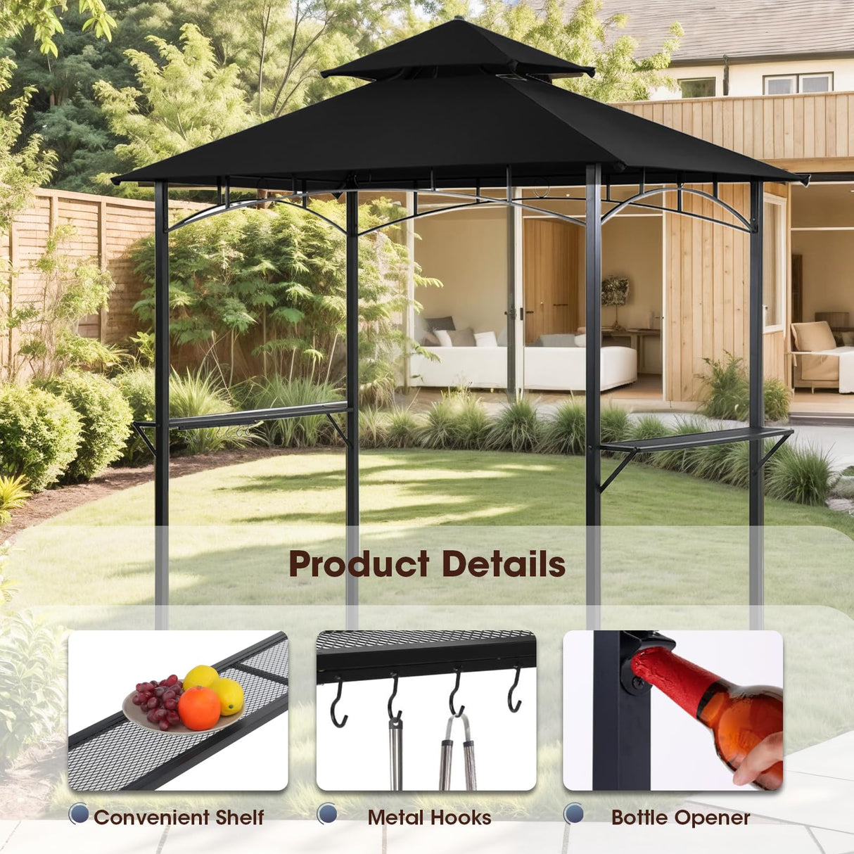 Grill Gazebo Canopy, 8'x 5' Outdoor BBQ Gazebo Shelter, Patio Double Tiered Tent for Barbecue and Picnic, Black TANGJEAMER