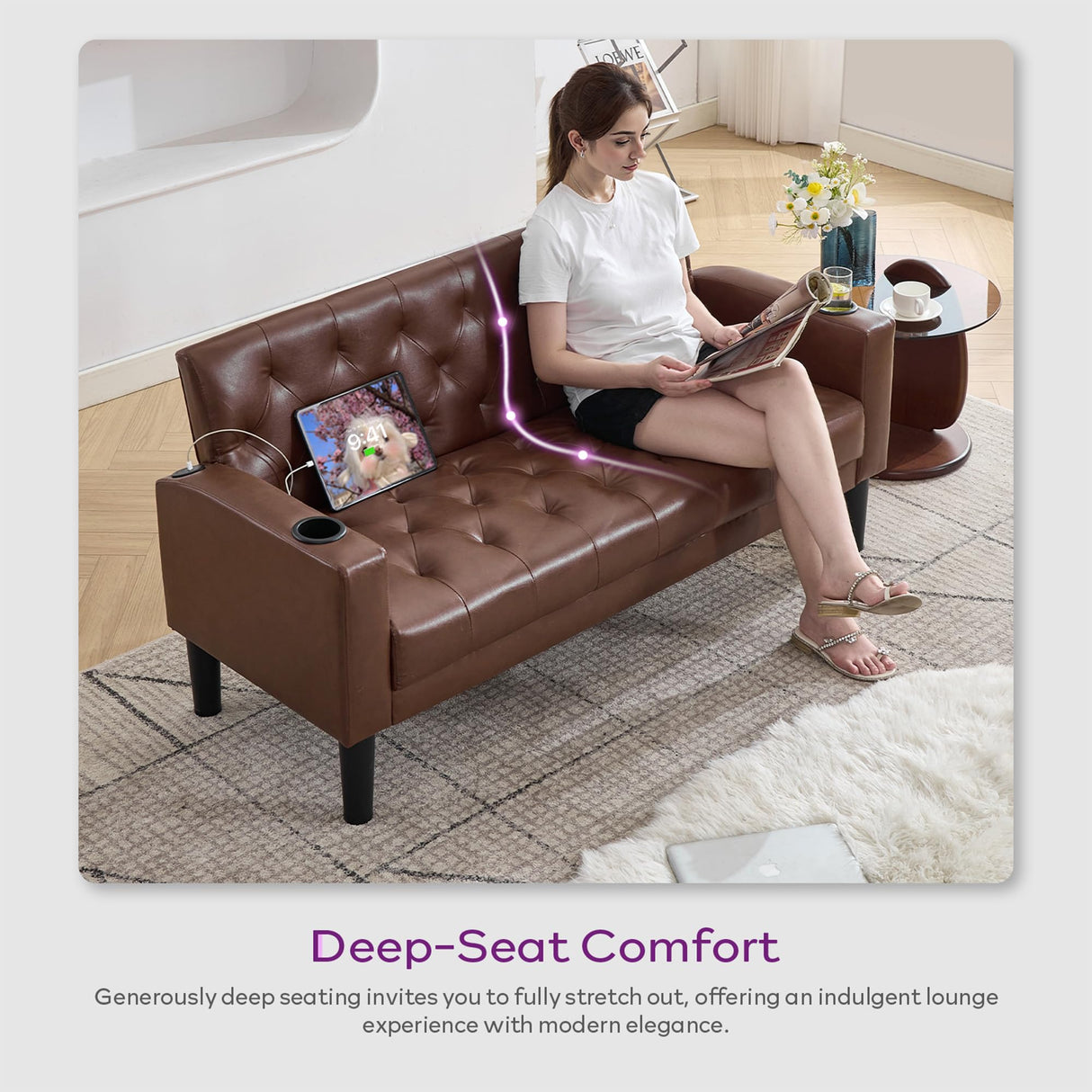 TYBOATLE 62" W Leather Loveseat w/Chairs, 3 Piece Sofa Sets for Living Room w/ 2 USB Charger Ports and 2 Cupholders, Living Room Furniture Sets of 3 (3, Brown) TYBOATLE