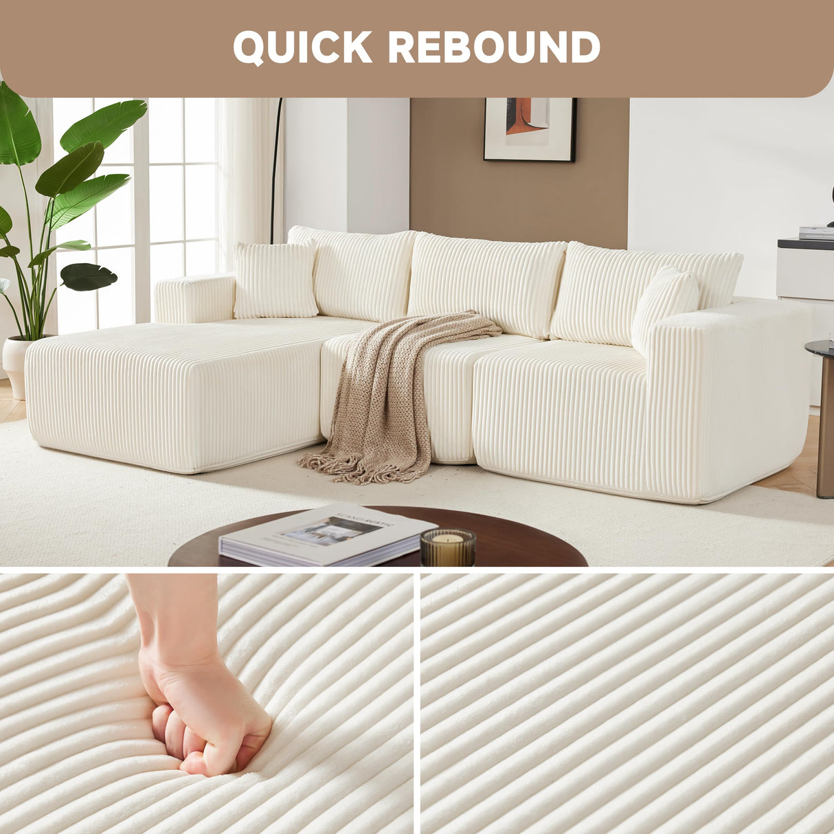 97" Boneless Couches for Living Room, Cloud Couch Sectional with Deep Seat, Comfy Couch with L-Shaped Chaise, Minimalist Upholstered Modular Sectional Sofa, No Assembly Required (Corduroy,Lvory) Huatean Home