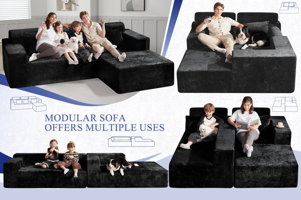 HABUTWAY 105" L-Shape Modular Sectional Sofa Couch for Living Room,No Assembly Required,Modular Comfy Sofa with Deep Seat for Living Room Bedroom,Luxury Distressed Velvet(Right,Black) HABUTWAY