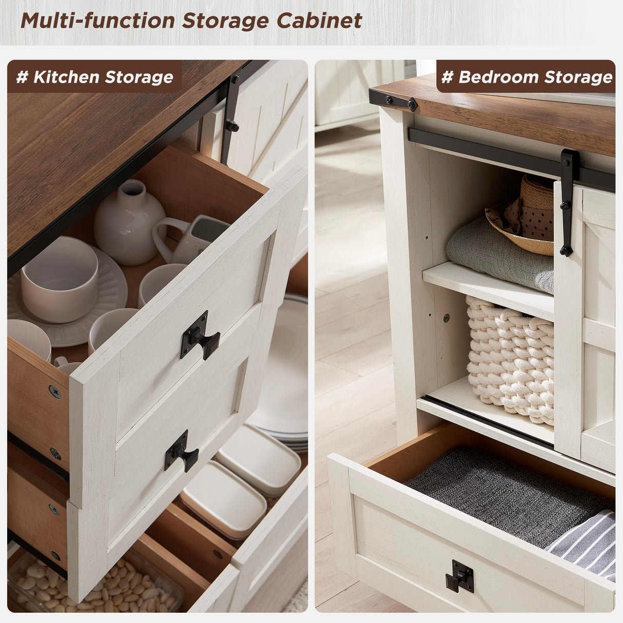 T4TREAM Farmhouse Sideboard Buffet Cabinet with Storage, 31.2'' Tall Kitchen Cabinet with 2 Sliding Barn Doors and 4 Drawers, Rustic Wood Coffee Bar Table for Dining Room, Antique White T4TREAM