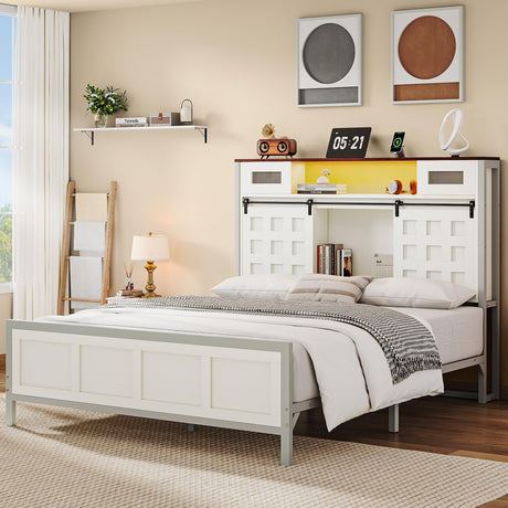 YITAHOME Queen Farmhouse Bed Frame,49.14" Tall Headboard with Storage and Bookcase Led Light & Charging Station, Sliding Barn Door, Wooden Platform Bed Frame, No Box Spring Needed, White YITAHOME