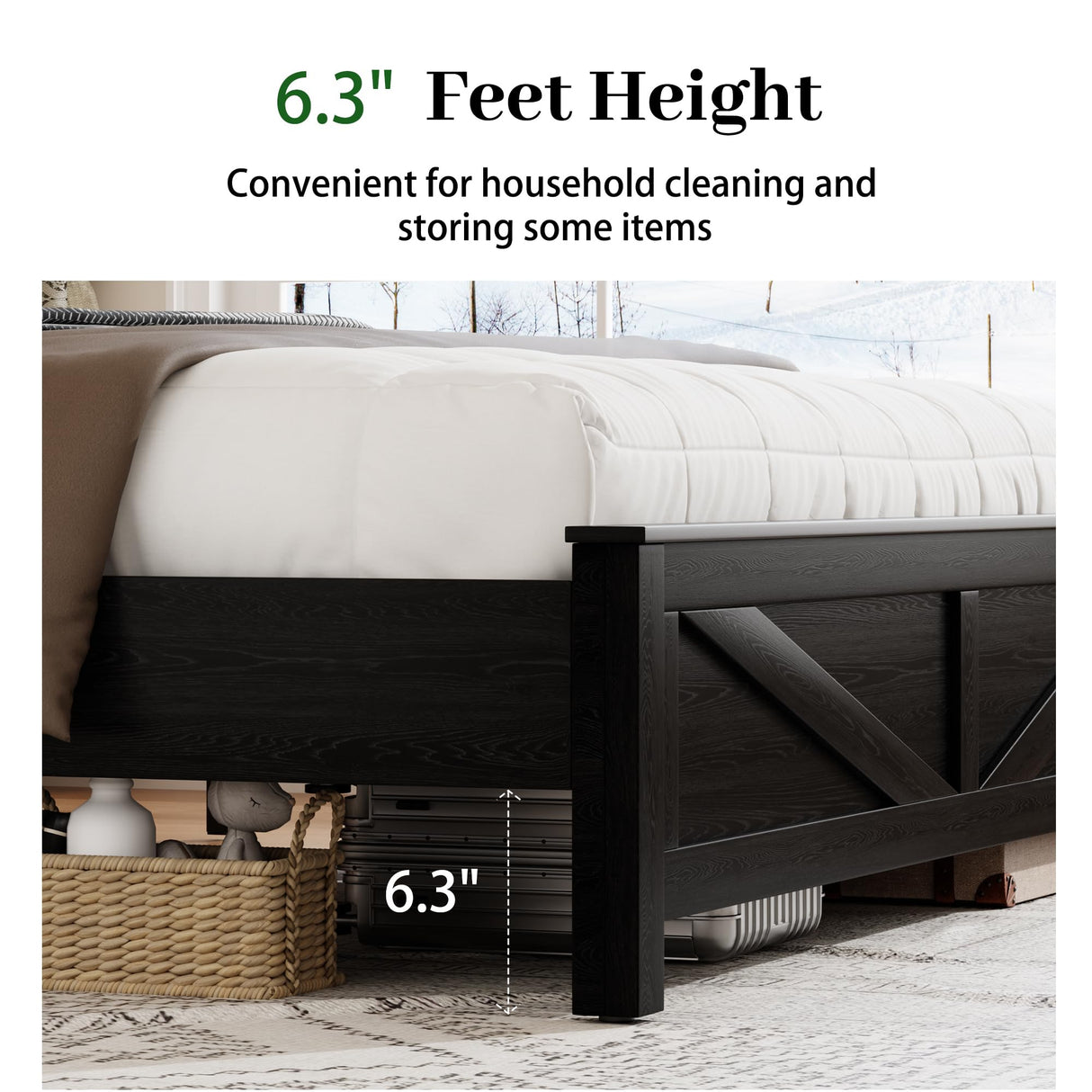 PAUKIN King Size Bed Frame with Headboard, Rustic Farmhouse Wood Bed Frame with LED Lights and Charging Station, Easy Assembly, No Box Spring Needed (Black, King) PAUKIN