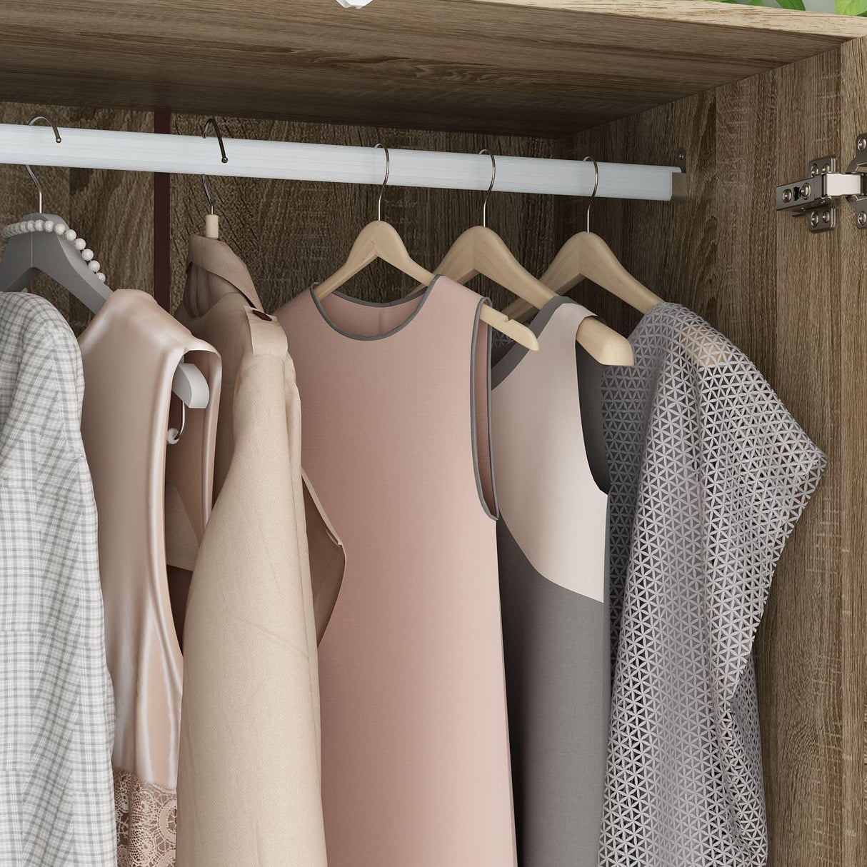 MOUMON 4 Rattan Door Wardrobe with Shelves and Drawers, Armoire Wardrobe with 2 Clothing Rods, Armoires and Wardrobes for Bedroom Oak (59”W x 19”D x 70.9”H) MOUMON