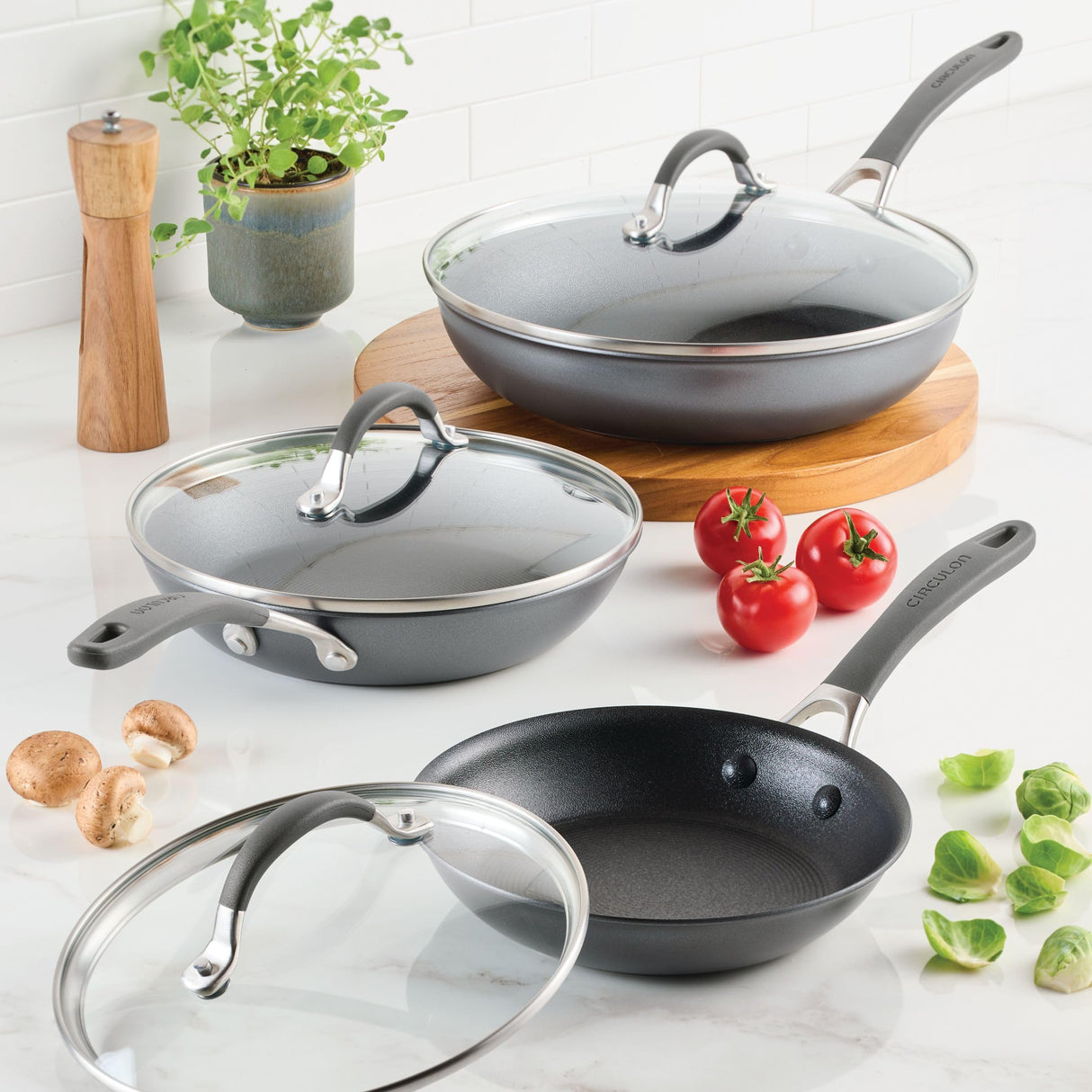 Circulon A1 Series with ScratchDefense Technology Nonstick Induction, Frying Pans/Skillets with Lids, Metal Utensil Safe, Skillet Set w/Lid (8.5", 10" & 12") - Graphite Circulon