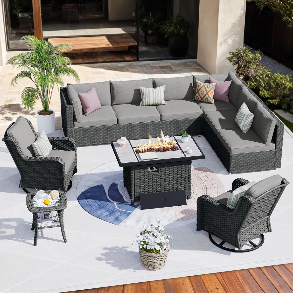 HOOOWOOO Patio Outdoor Sectional Furniture Sofa Set with Fire Pit Table,10 Piece L Shaped Wicker Couch Set with Swivel Chairs,Modern 8 Persons Summer Patio Conversation Set(Charcoal Gray) HOOOWOOO