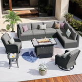 HOOOWOOO Patio Outdoor Sectional Furniture Sofa Set with Fire Pit Table,10 Piece L Shaped Wicker Couch Set with Swivel Chairs,Modern 8 Persons Summer Patio Conversation Set(Charcoal Gray) HOOOWOOO