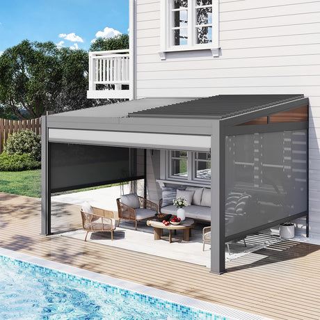 MELLCOM Louvered Pergola with Screen 10x13, Wall-Mounted Adjustable Pergola, Lean to Aluminum Gazebo with 3 Pull-Down Screen Sides and Adjustable Roof for Backyard, Dark Gray MELLCOM