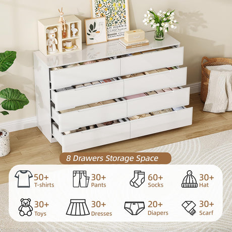 ZORPLIX White Wood Dresser, 8 Drawer Dressers for Clothes Storage for Bedroom, Modern Dresser with Wide Drawers, Wide Wooden Chest Drawers for Living Room, Entryway, TV Stand ZORPLIX
