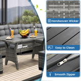 KROFEM 6-Piece Outdoor Patio Furniture Set - Sectional Sofa, Dining Table & Chairs Included, All-Weather Dining Set with Ottoman, Grey Wicker and Grey Cushions KROFEM