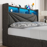 Driftalia LED King Size Bed Frame with 4 Storage Drawers, Upholstered King Bed Frame with 2-Tier Headboard and Charging Station, No Box Spring Needed, Easy to Assembly - Dark Grey Driftalia