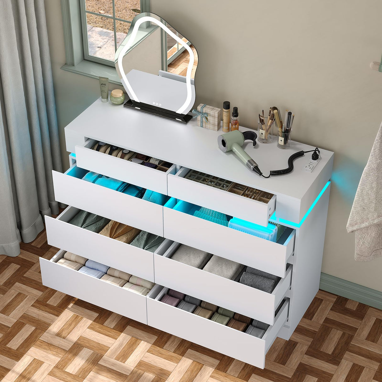 Furniouse Modern 6 White Drawer Dressers for Clothes Organizer & 2 Storage Drawers Wide Chest of Drawers with Charging Station & LED Lights, for Bedroom, Living Room Furniouse