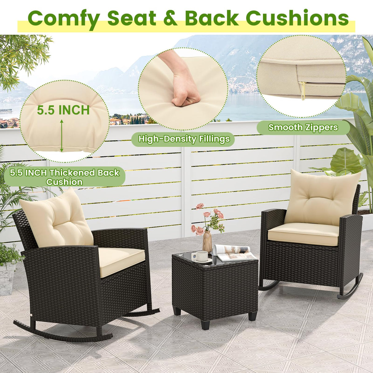 Tangkula 3 Piece Wicker Rocking Set, Patio Rattan Roker Chairs with Tempered Glass Table & Soft Cushions, Outdoor Furniture Set for Backyard, Poolside Porch (Beige) Tangkula