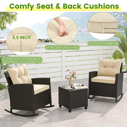 Tangkula 3 Piece Wicker Rocking Set, Patio Rattan Roker Chairs with Tempered Glass Table & Soft Cushions, Outdoor Furniture Set for Backyard, Poolside Porch (Beige) - WoodArtSupply