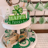 Happy St. Patrick's Day Wood Block Table Sign, Wooden Shamrock Table Top Decorations Tiered Trays Desk Shelf Irish Home Office Coffee Bar Decor 3 Pieces Green OEQSHMY