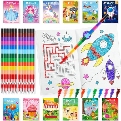 BenLouis Coloring Books for Kids With Stacking Crayons Set Mini Coloring Books Bulk for Ages 4-8-12 Small Activity Books for Birthday Party Gifts Goodie Bags Stuffers Travel（12+12Pcs Classic） BenLouis