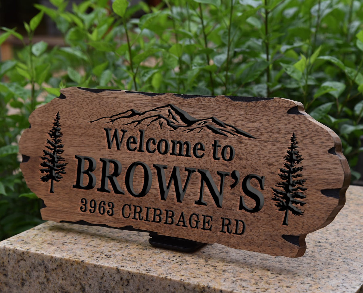 Personalized Cabin Sign - Rustic Wood Welcome Sign for Outdoor, Home Wall Decor,Farmhouse Decor, Custom Backyard Sign,Carved wood sign.3D Carving Wood Sign. EXUNART