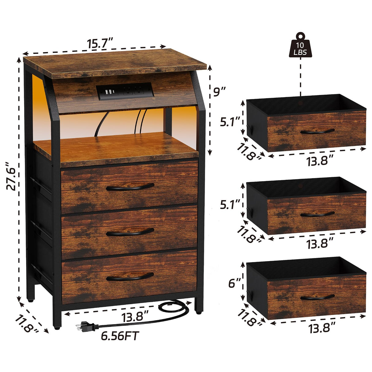 SZLHANJZ End Table with Charging Station, Nightstand with LED Lights and 3 Drawers, Small Dresser with Fabric Storage, Retro Side Table for Bedside, Living Room Dorm, Rustic Brown SZLHANJZ