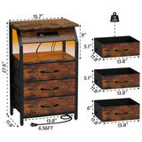 SZLHANJZ End Table with Charging Station, Nightstand with LED Lights and 3 Drawers, Small Dresser with Fabric Storage, Retro Side Table for Bedside, Living Room Dorm, Rustic Brown SZLHANJZ