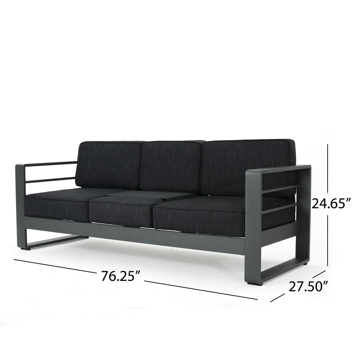 Christopher Knight Home Capecora 3-Seater Sofa with Removable Tray Table, 76.25''W Convertible Aluminum Patio Couch with Cushions, Space-Saving Outdoor Seating for Garden Backyard Balcony, Dark Gray Christopher Knight Home