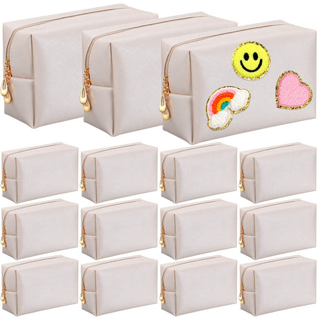 Kigeli 15 Pcs Aesthetics Makeup Bag PU Leather Cosmetic Bag Makeup Pouch Bulk Plain Cosmetic Pouch Waterproof Toiletry Bag for Christmas Party Gift Travel Cosmetic Organizer for Women (Ivory White) Kigeli