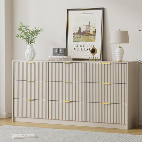 Furniway Beige Dresser for Bedroom, Modern Dresser with 9 Drawers and Smooth Slides, Wide Chest of Drawers with Golden Handles for Bedroom, Living Room, Closet, 15.7" D x 63" W x 31.5" H Furniway