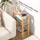 3-Tier Small Narrow Bamboo Side Table with Charging Station, Skinny Nightstand for Small Space, Slim Bedside Table with Storage for Couch, Wooden Thin End Table with USB Ports and Outlets, Natural YUFAM