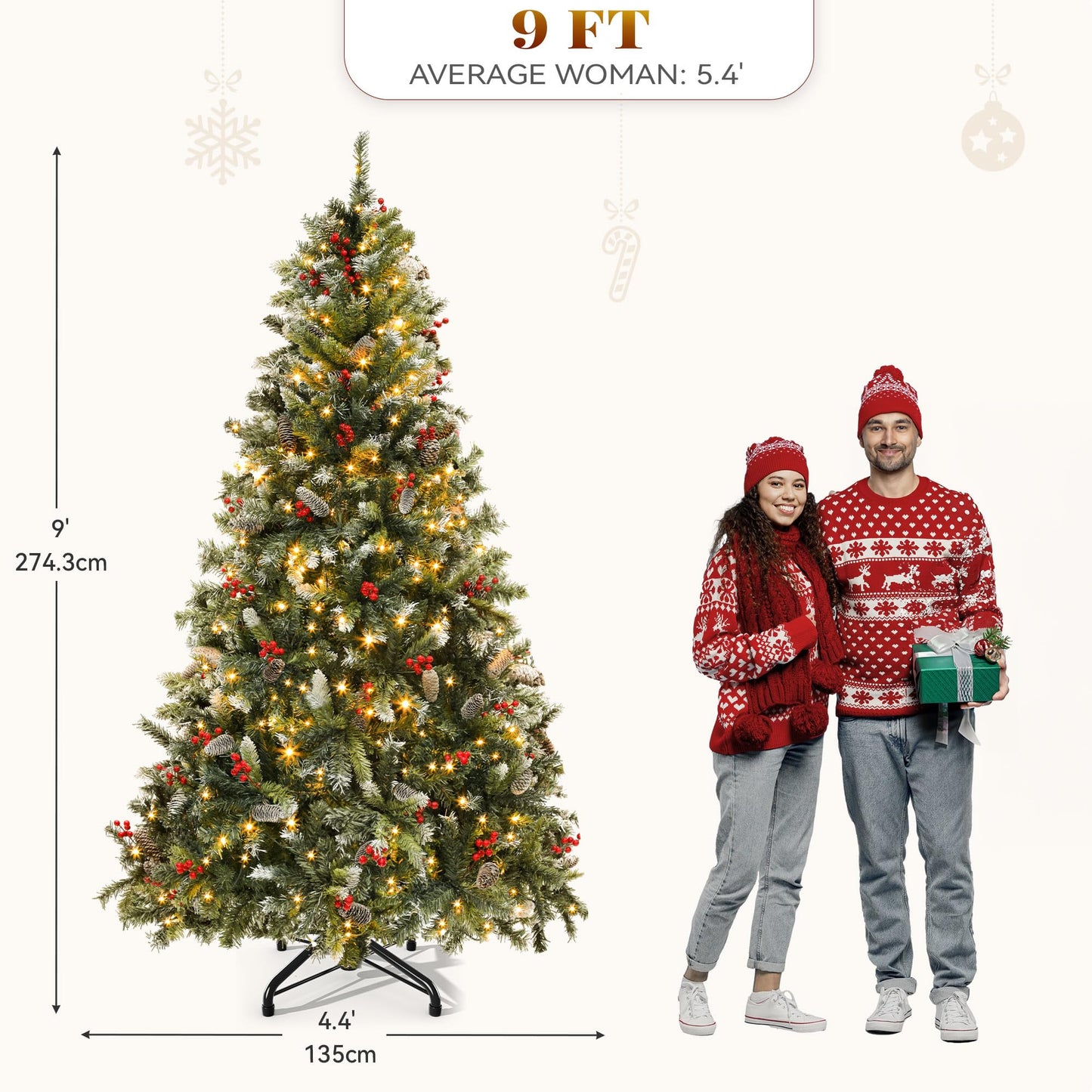 YITAHOME Pre-lit Pre-Decorated Pine Artificial Christmas Tree 9ft, Artificial Hinged Christmas Tree with 2058 Frosted Tips, 900 Lights, 111 Pine Cones, 111 Red Berries for Holiday Party Office Home