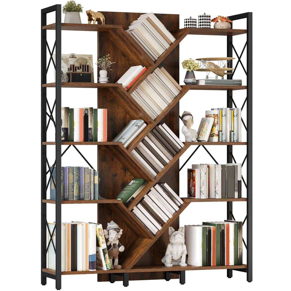 YITAHOME Industrial Tree Bookshelf, Large 5 Tier Bookcase Tall Standing Book Shelves Organizer Display Rack for Living Room Home Office, Rustic Brown YITAHOME