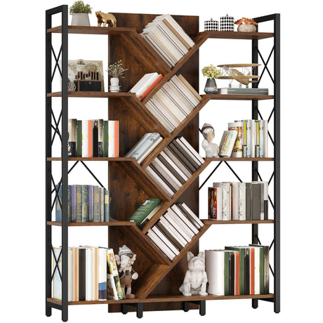 YITAHOME Industrial Tree Bookshelf, Large 5 Tier Bookcase Tall Standing Book Shelves Organizer Display Rack for Living Room Home Office, Rustic Brown YITAHOME