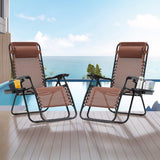 Zero Gravity Chair Set of 2, Folding Reclining zero gravity recliner lounge Chair 330lbs with Pillow and Cup Holder Trays, Steel Mesh outdoor recliners for patio Poolside Backyard Beach (Brown) BUPPLEE