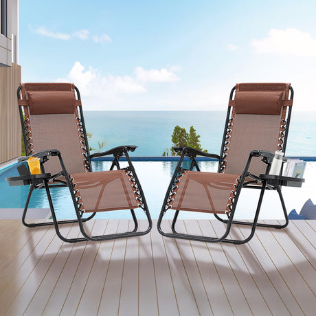 Zero Gravity Chair Set of 2, Folding Reclining zero gravity recliner lounge Chair 330lbs with Pillow and Cup Holder Trays, Steel Mesh outdoor recliners for patio Poolside Backyard Beach (Brown) BUPPLEE