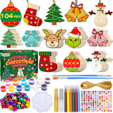 104PCS Wooden Christmas Ornaments Craft Kits Include 40PCS Unfinished Wood Slices with 8 Styles,Xmas Tree Hanging Decorations DIY Craft for Kids to Paint VESPRO
