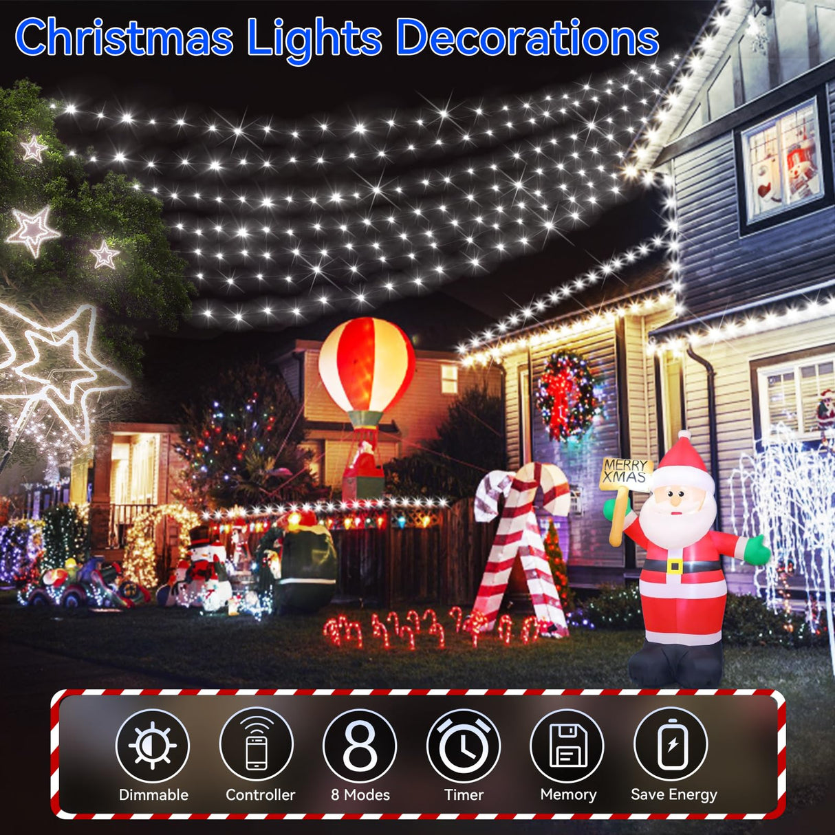 Hezbjiti 1000 LED 403 FT Christmas String Lights Outdoor, 8 Lighting Modes IP44 Waterproof Fairy Lights with Timer and Dimmable Function for Home Party Tree Decorations (Cold White, Clear Wire) Hezbjiti