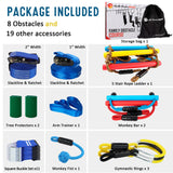 Ninja Warrior Obstacle Course for Kids, 2×56ft Slackline Kit with 8 Ninja Accessories - Monkey Bar, Rope Ladder, Gymnastic Ring, Arm Trainer and Monkey Fist Gentle Booms Sports