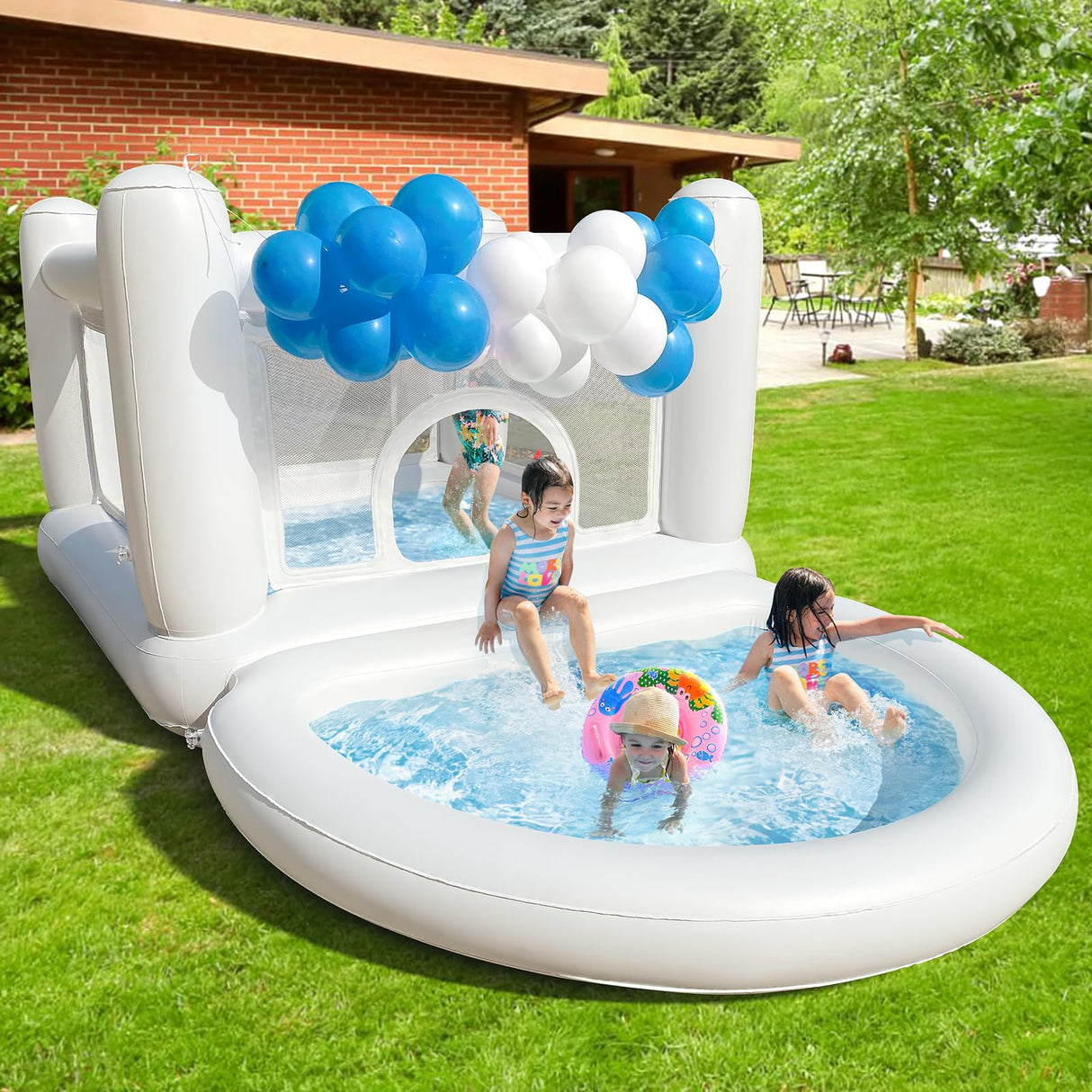 iLink-outer White Bounce House with Ball Pit for Kids 3-6 Indoor White Bouncy Castle with Blower PVC Waterproof Materials Outdoor Toddler Toys Include Electric Pump iLink-outer