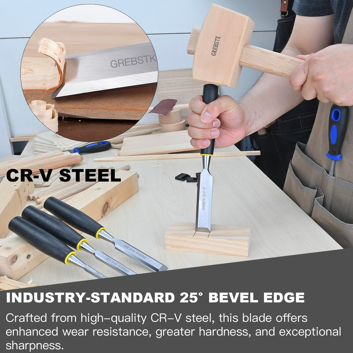 GREBSTK 4 Piece Wood Chisel Set for Woodworking, Professional CR-V Steel Bevel-Edge Bench Chisels, Extra Large High Impact Handle GREBSTK