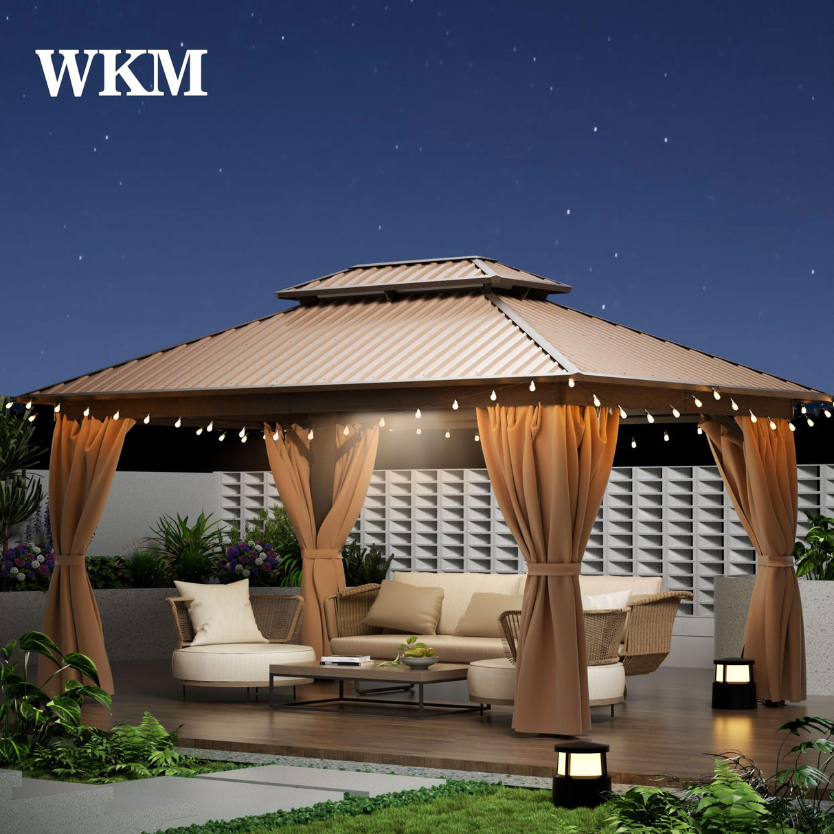 WKM 10x14 FT Hardtop Gazebo with Heavy Duty Galvanized Steel Double Roof, Aluminum Frame Permanent Pavilion with Curtains and Netting, Outside Canopy Gazebo for Patio, Deck and Backyard,Brown WKM