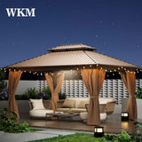 WKM 10x14 FT Hardtop Gazebo with Heavy Duty Galvanized Steel Double Roof, Aluminum Frame Permanent Pavilion with Curtains and Netting, Outside Canopy Gazebo for Patio, Deck and Backyard,Brown WKM