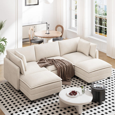 Vesgantti 109" U Shaped Cloud Sectional Sofa, Comfy Corduroy Upholstered Sectional Modular Sofas for Living Room, Modern Modular Couch with 2 Ottoman Deep Seat, Beige Vesgantti