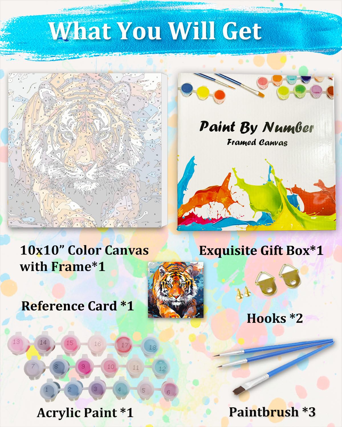 TOCARE Framed Paint by Numbers Kit for Adults, Tiger Paint by Number Framed, Adult Paint by Number Kits on Canvas Framed Tiger for Home Wall Decor (10x10 Inch, Without Easel) TOCARE