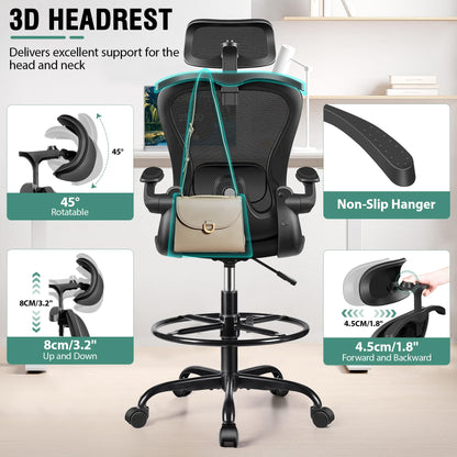 AtHope Drafting Chair, Tall Office Chair with 3D Lumbar & Head Support, Ergonomic Mesh Standing Desk Chair with Footring, Comfy Extended High Desk Chair with Flip-Up Arms & Hanger (Black)