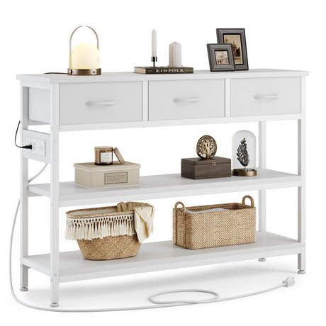 Lulive Entryway Table with Power Outlets, Console Table with 3 Fabric Drawers, Sofa Table for Living Room, Hallway, Couch, Foyer, Height Adjustable (White, 43") Lulive