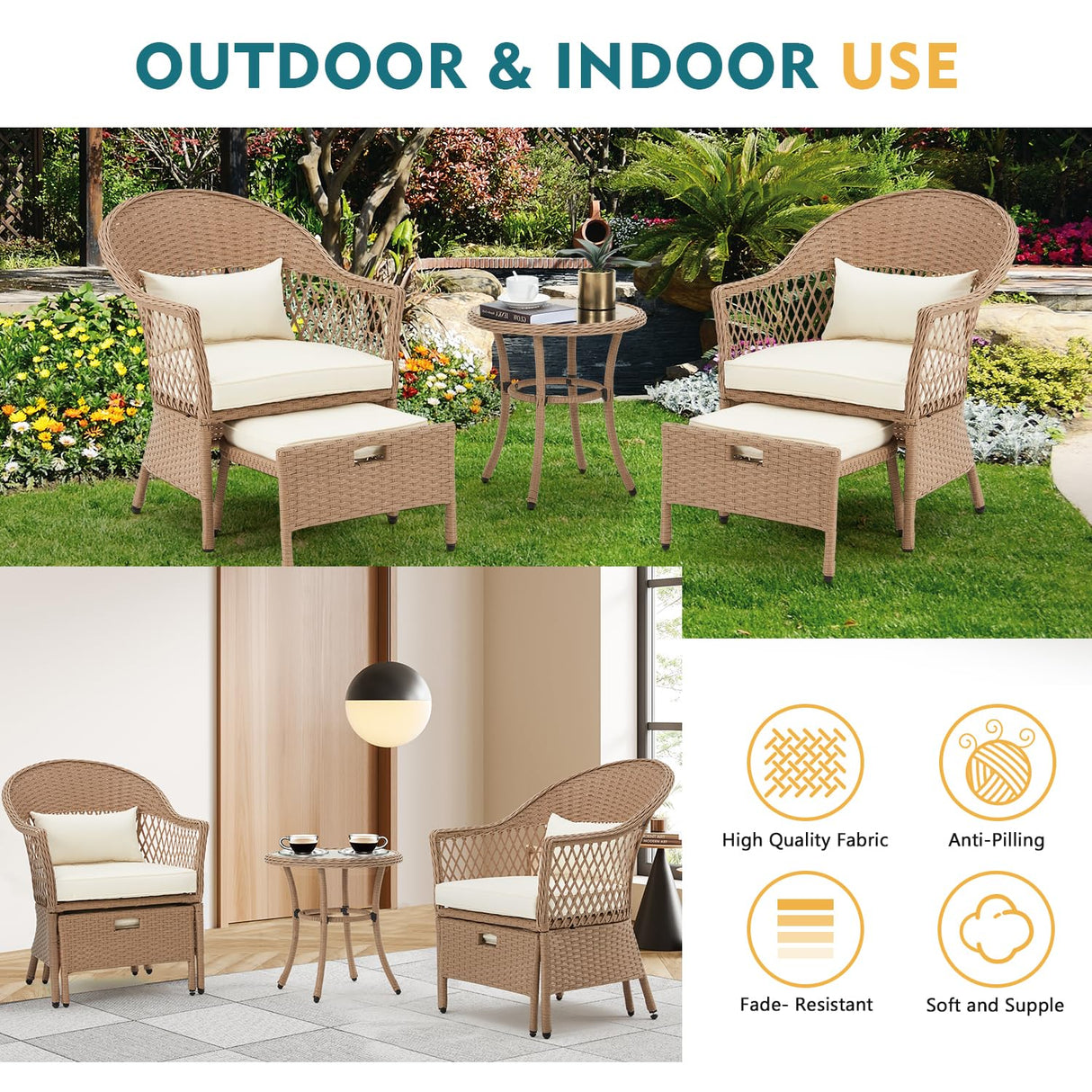 AVAWING 5 Pieces Patio Furniture Set, Outdoor Rattan Chairs with Round Glass Coffee Table, Ottomans & Soft Cushions, Wicker Conversation Bistro Set for Garden, Deck, Balcony, Poolside(Beige) AVAWING