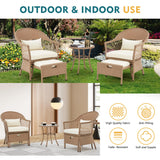 AVAWING 5 Pieces Patio Furniture Set, Outdoor Rattan Chairs with Round Glass Coffee Table, Ottomans & Soft Cushions, Wicker Conversation Bistro Set for Garden, Deck, Balcony, Poolside(Beige) AVAWING