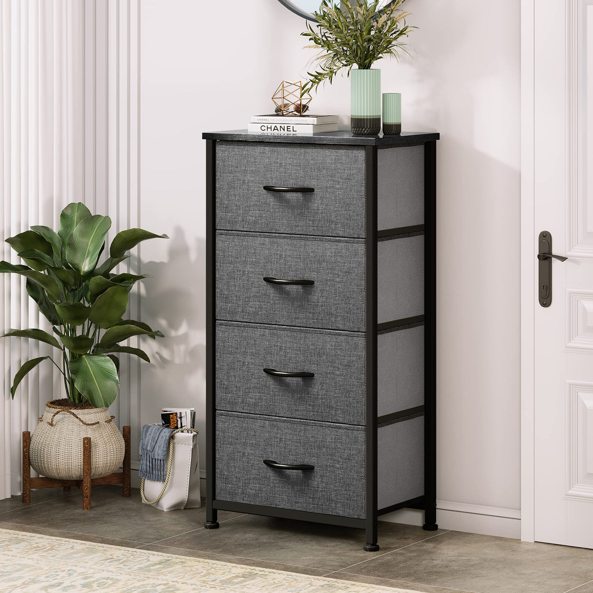 DWVO Storage Tower with 4 Drawers - Fabric Dresser, Organizer Unit for Bedroom, Living Room, Closets - Sturdy Steel Frame, Easy Pull Fabric Bins & Wooden Top DWVO