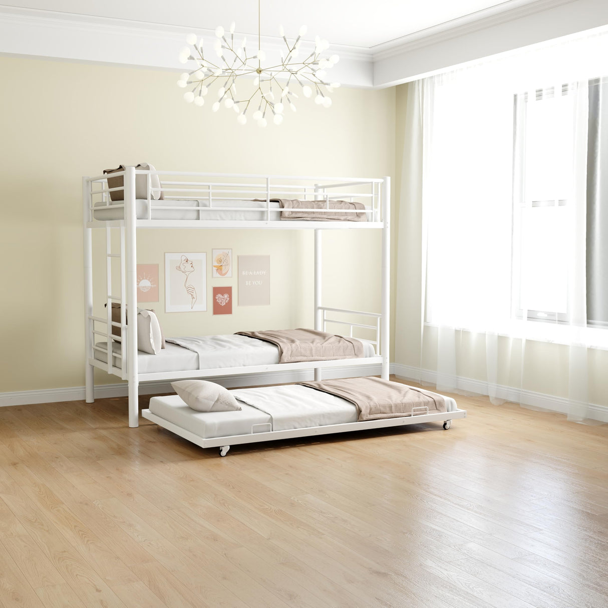 HomJoones Metal Bunk Bed with Trundle,Twin Over Twin Bunk Bed Frame with Ladder and Safety Rails for Triple Metal Bunk Can be Divided into Two beds (White) HomJoones